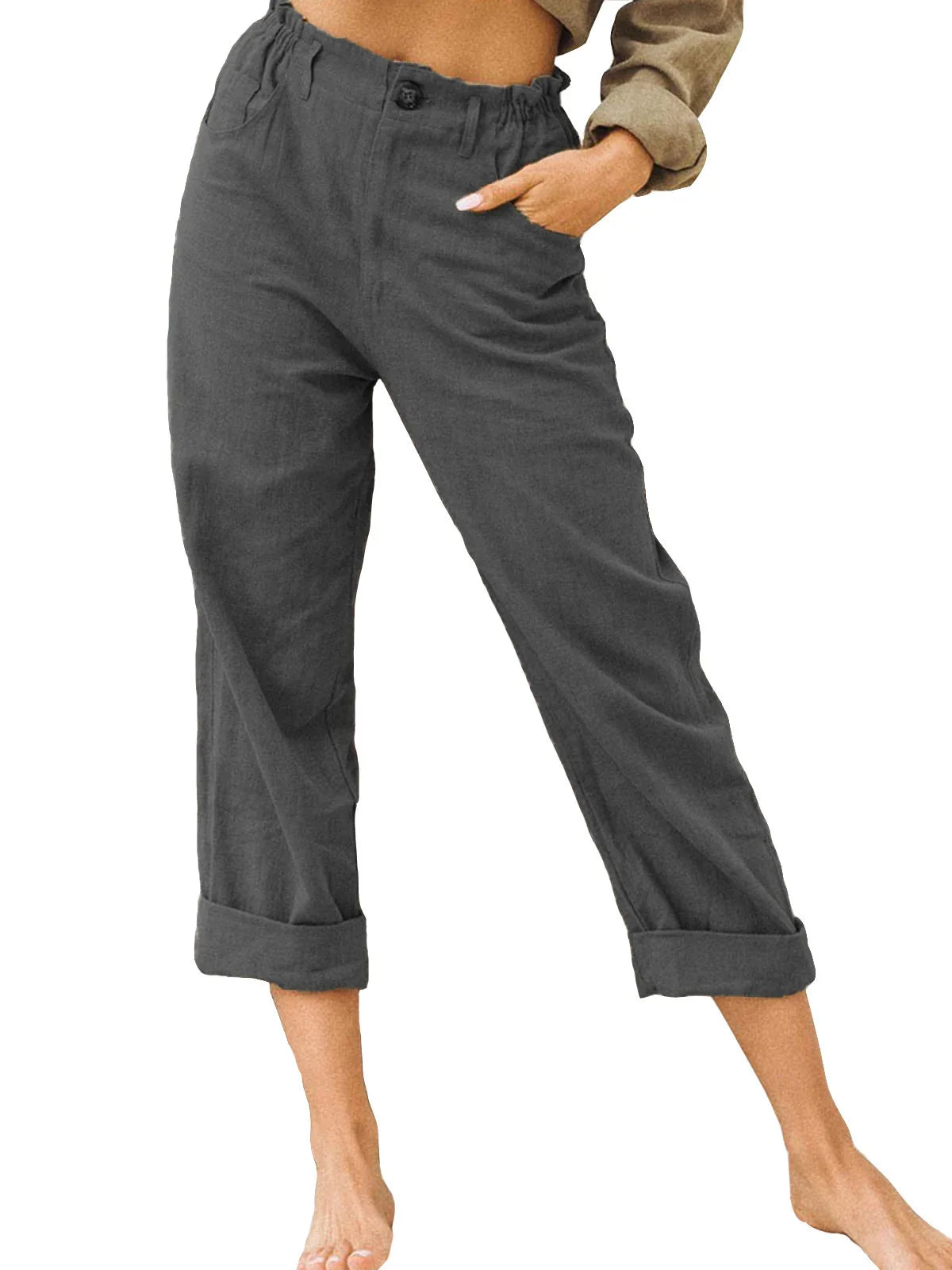 Model wearing Echo & Air women's Linen Cotton Crop Pants in gray showcasing the relaxed fit, comfortable side pocket, and rolled cuffs.