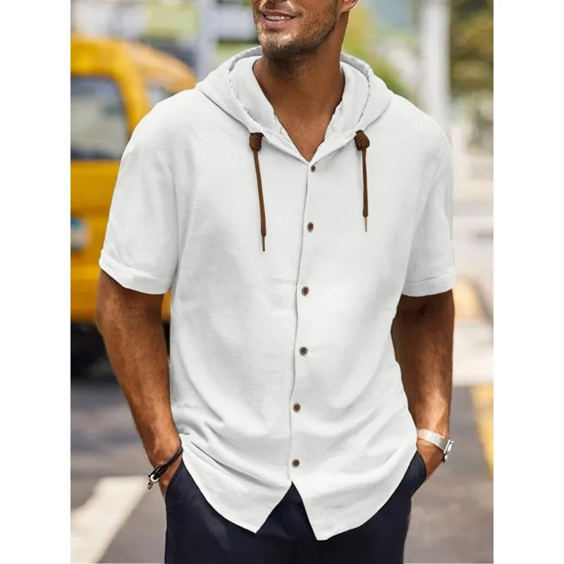 Man wearing Echo and Air short sleeve linen hooded henley in white