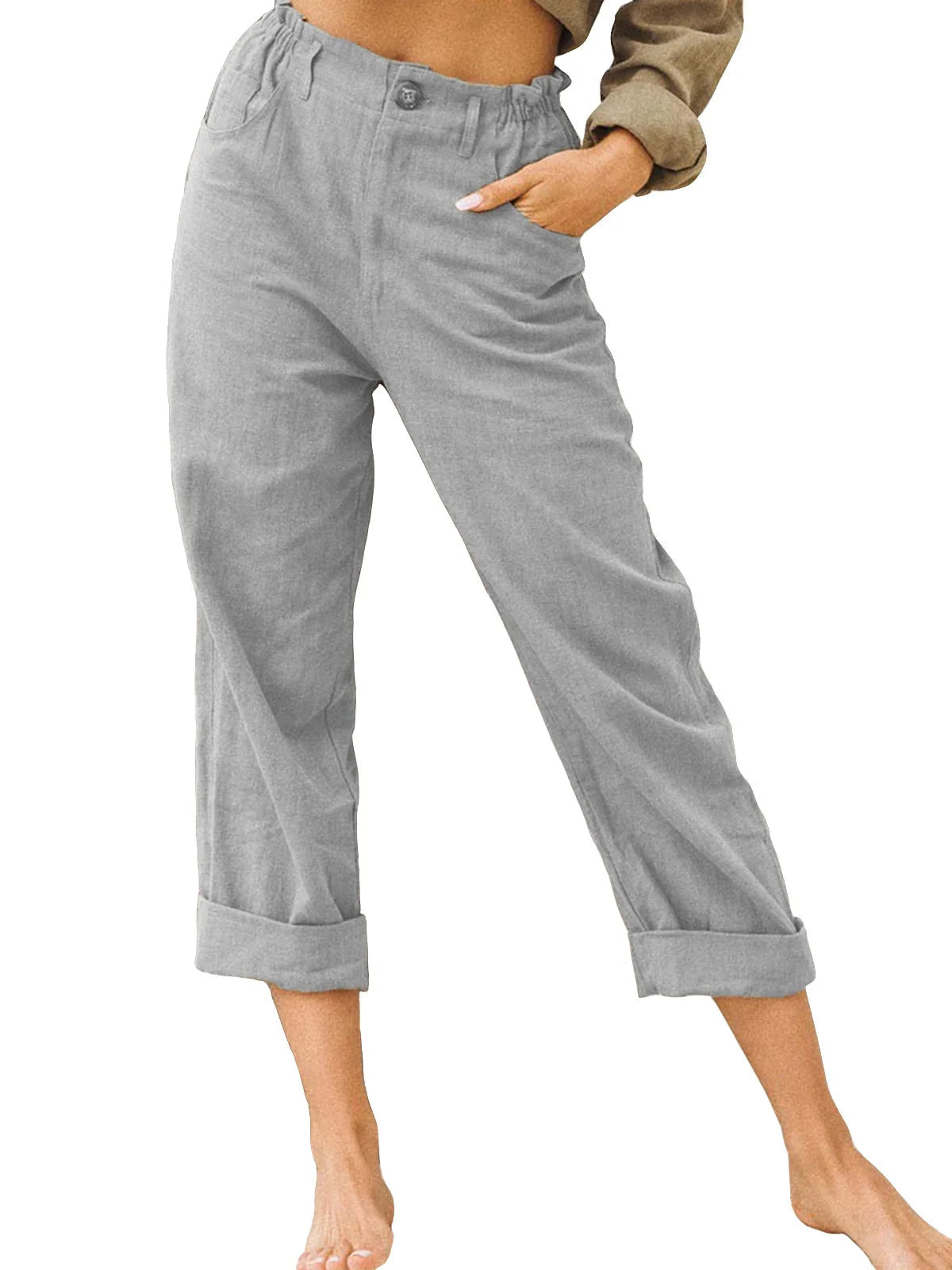 Model wearing Echo & Air women's Linen Cotton Crop Pants in gray showcasing the relaxed tapered harem fit, comfortable side pockets, and rolled cuffs.