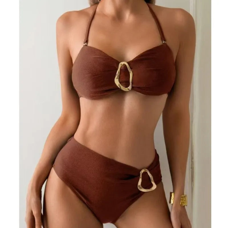 Coastal O-Ring High-Waisted Bikini Set – Elegant Halter Neck Swimsuit