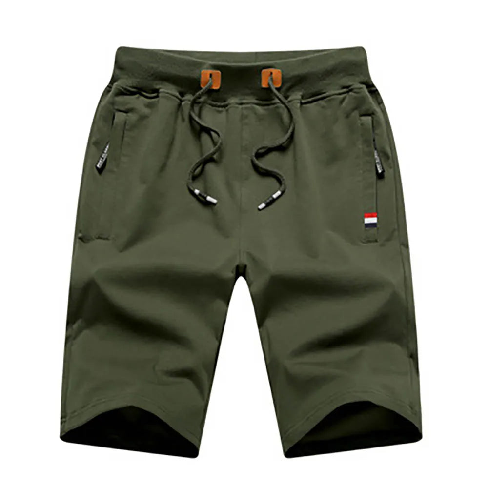 Army green casual drawstring shorts for men featuring functional side zippered pockets by Echo & Air.