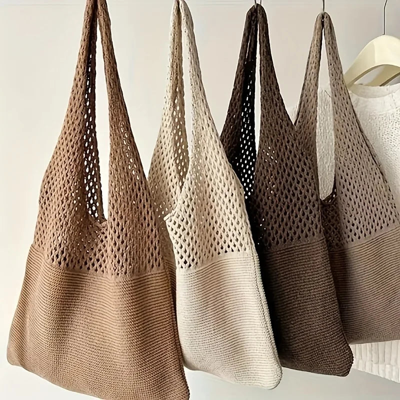 Echo & Air cotton crochet knit tote bags displayed in multiple earth-tone colors hanging against a minimalist backdrop
