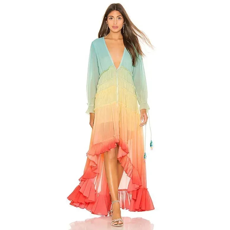 Malibu Sunrise Gradient Maxi Dress – Flowing Bohemian Ruffle Dress