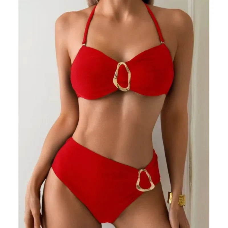 Coastal O-Ring High-Waisted Bikini Set – Elegant Halter Neck Swimsuit