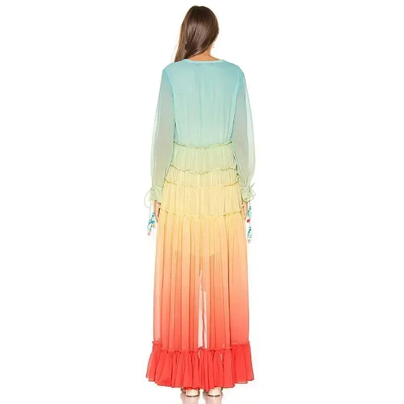 Malibu Sunrise Gradient Maxi Dress – Flowing Bohemian Ruffle Dress