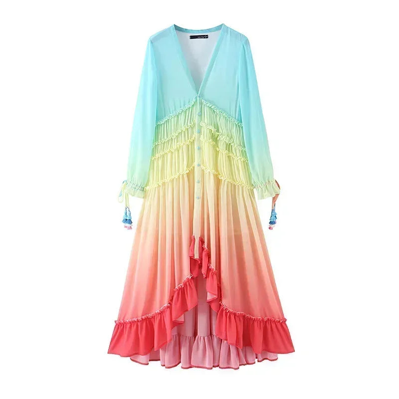 Malibu Sunrise Gradient Maxi Dress – Flowing Bohemian Ruffle Dress