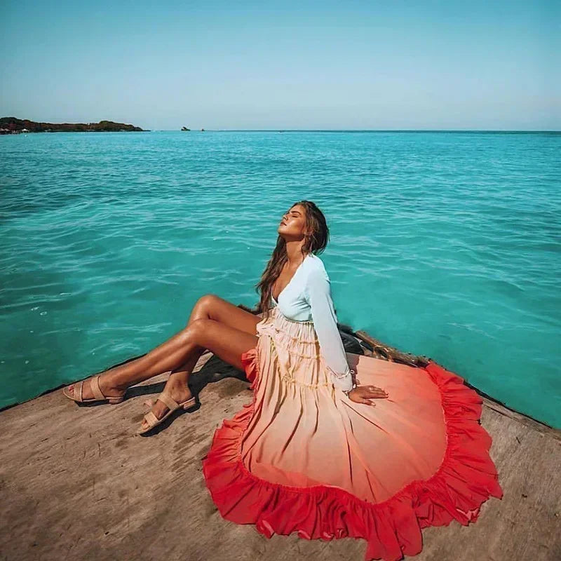 Malibu Sunrise Gradient Maxi Dress – Flowing Bohemian Ruffle Dress
