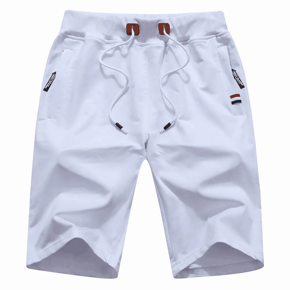 White premium cotton men's beach shorts featuring a flexible elastic waistband and casual mid-length fit.