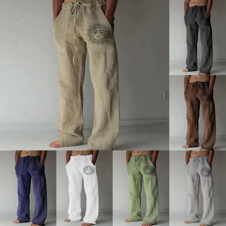 Collage of variously colored wide-leg pants worn by models on a plain background