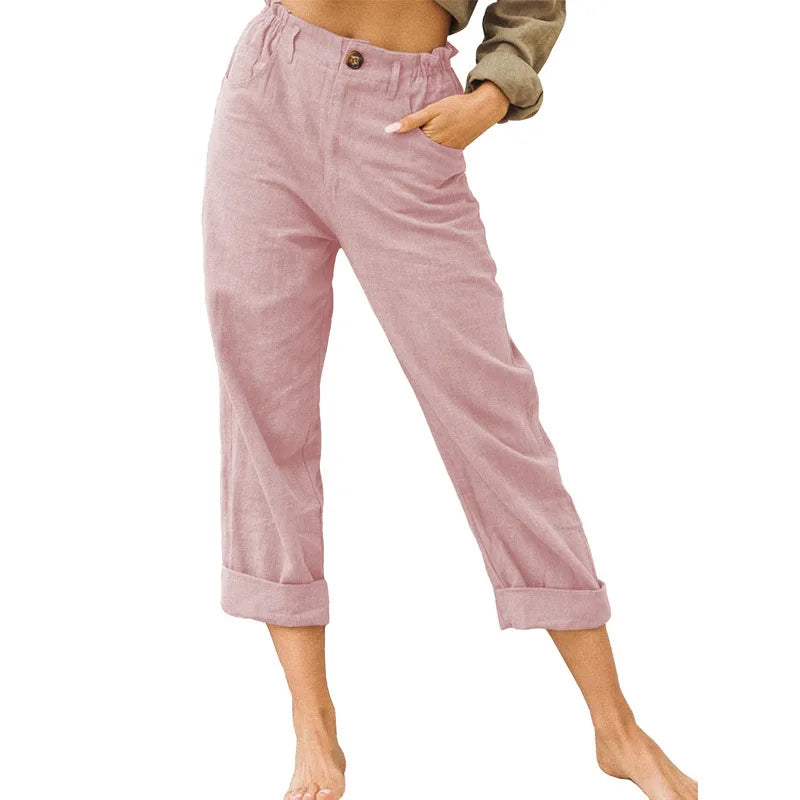 Model wearing Echo & Air women's Linen Cotton Crop Pants in pink featuring a comfortable paperbag elastic waist and rolled cuffs.