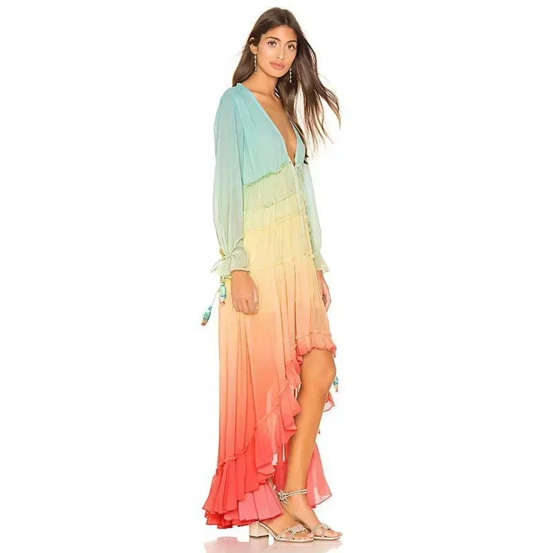 Malibu Sunrise Gradient Maxi Dress – Flowing Bohemian Ruffle Dress
