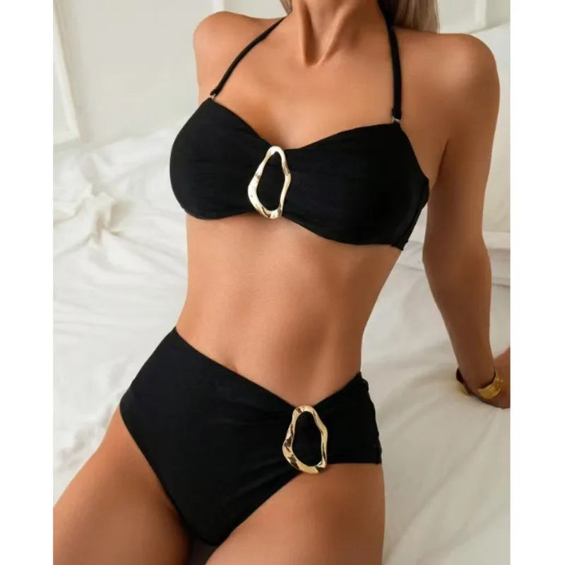 Coastal O-Ring High-Waisted Bikini Set – Elegant Halter Neck Swimsuit