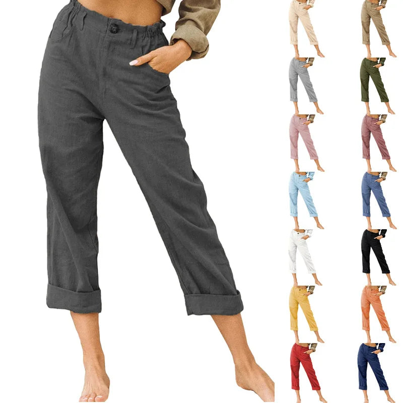 Model wearing Echo & Air women's Linen Cotton Crop Pants in dark gray, showcasing the relaxed tapered harem silhouette alongside a visual grid of alternative color options.