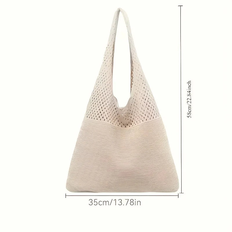 Echo & Air beige crochet knit tote bag with product dimensions in inches and centimeters on a white background.