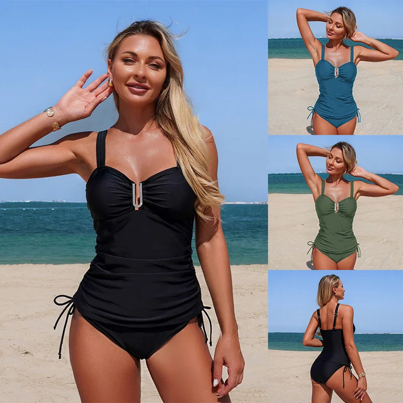 Coastal Ruched Tankini Set – Elegant Tummy-Control Two-Piece Swimsuit