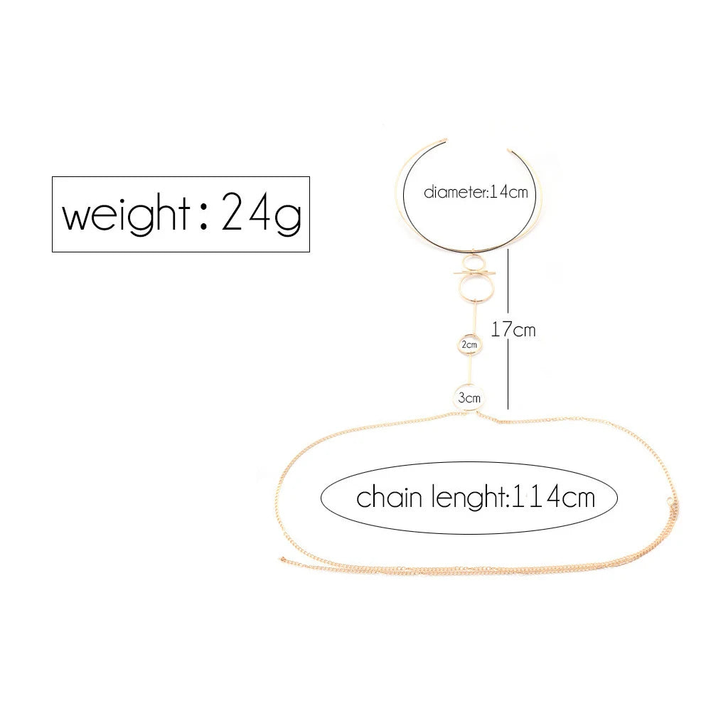 Gold necklace with measurements on a white background