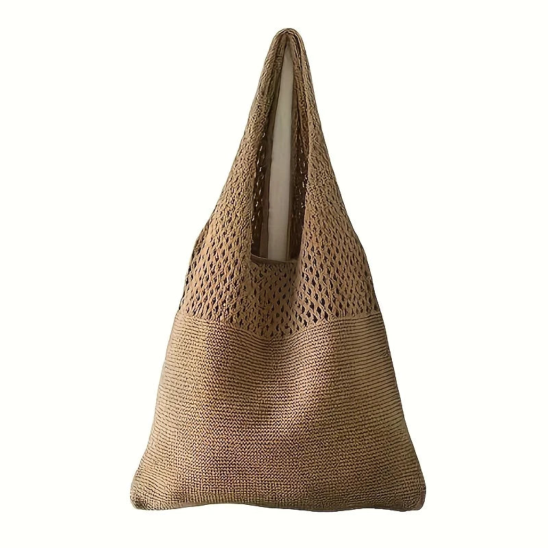 Echo & Air dark brown crochet knit tote bag isolated on a white background.
